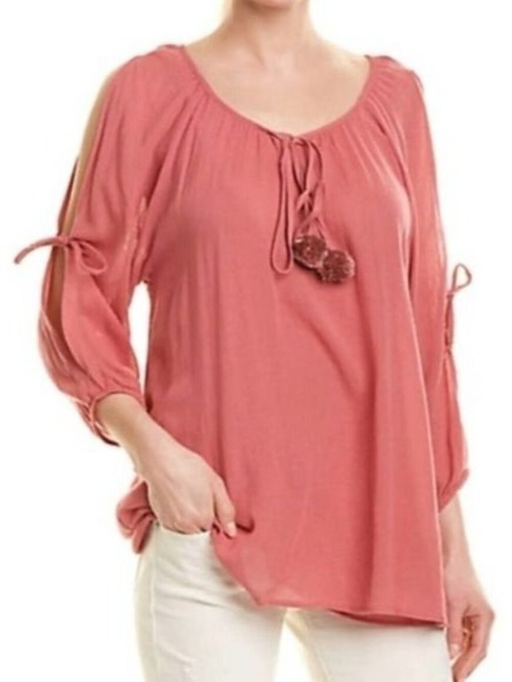 Johnny Was Calmé Sz S Pink Gauze Tunic Top Pom Pom Tie Boho 3/4 Sleeve Peasant
